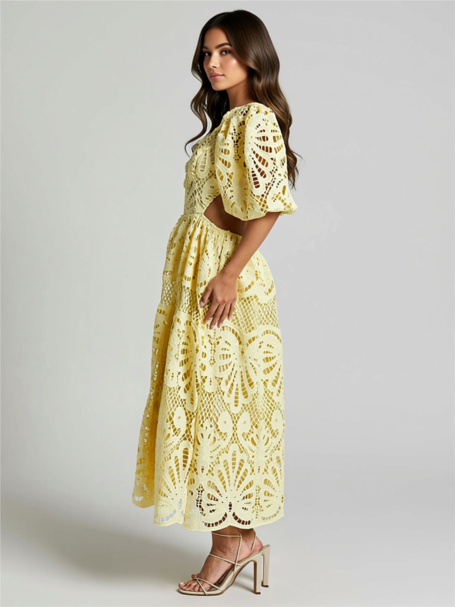 Lace Cutout Puff Sleeve Midi Dress