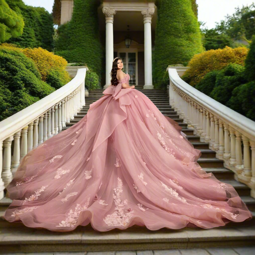 Pink Quinceanera Ball Gown with Lace Flowers & Beading