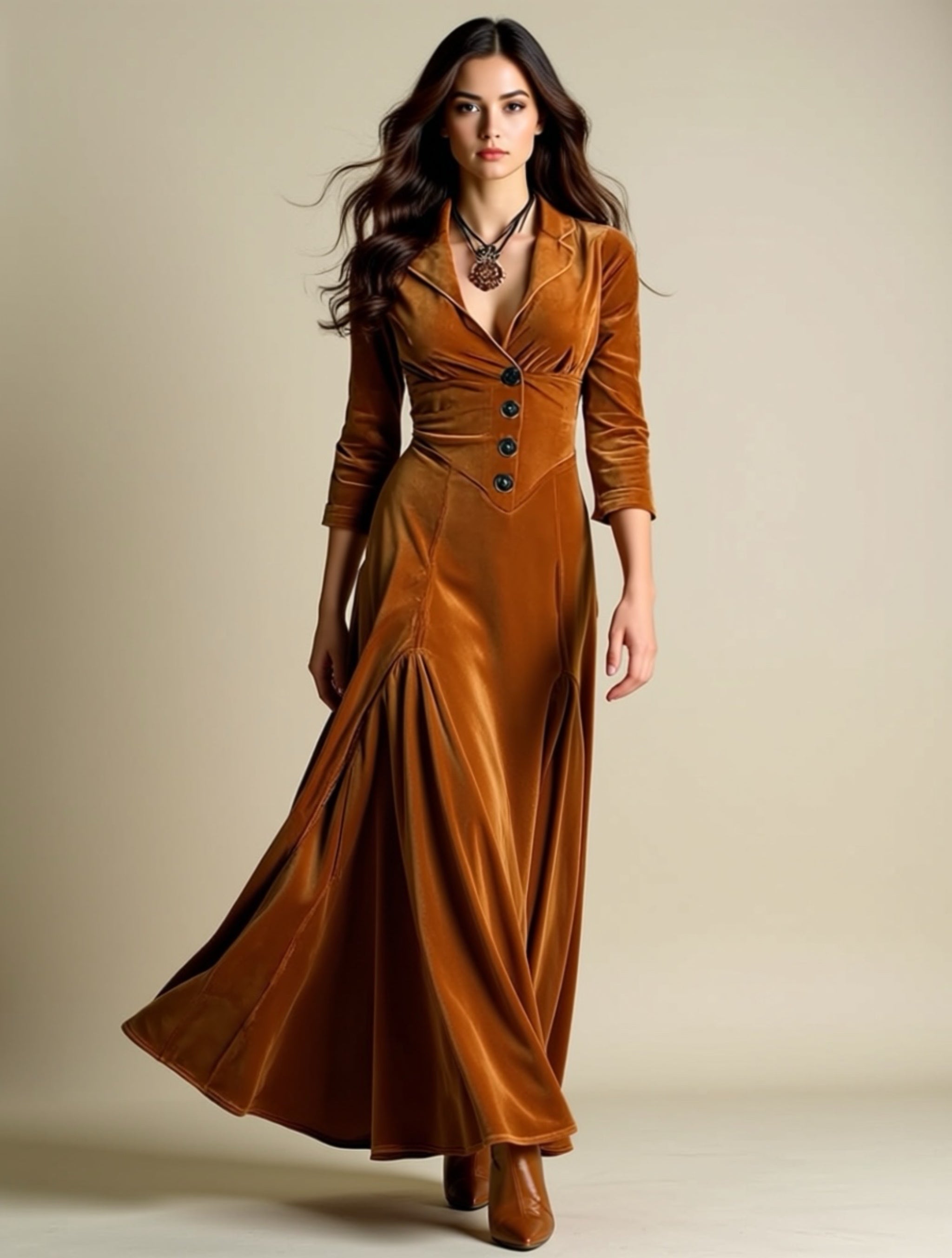Vintage Buttoned Velvet Maxi Dress with Lapel Neckline