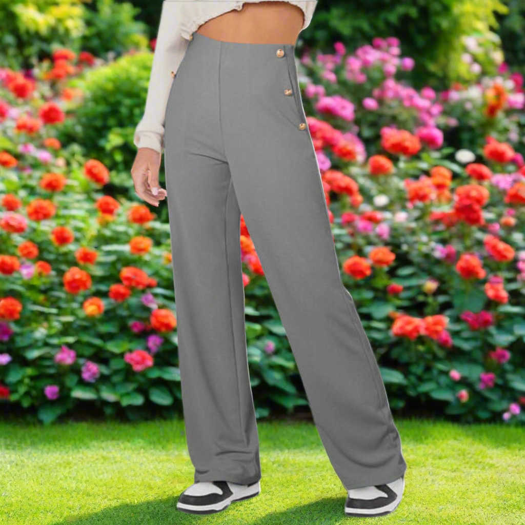 High Rise Trousers with Gold Button Accents