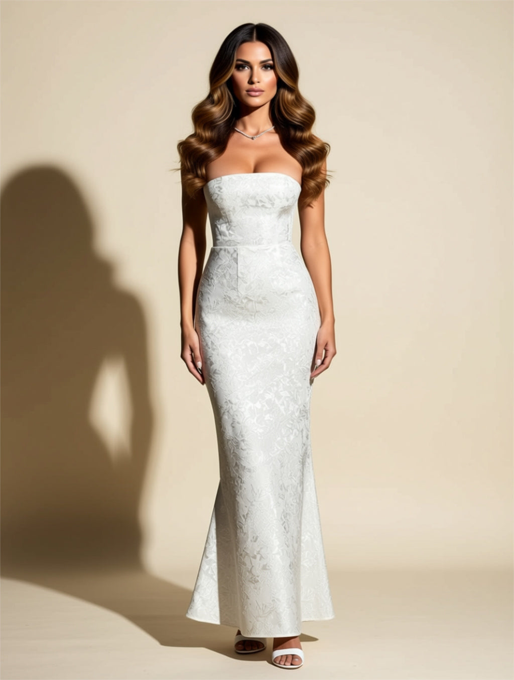 Strapless Jacquard Mermaid Evening Gown with Oversized Back Bow