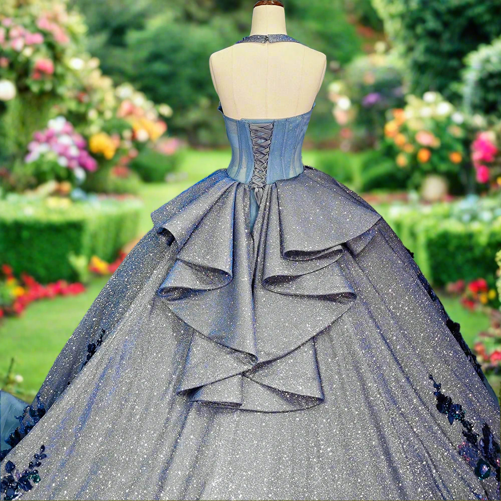 Blue Floral Quinceanera Ball Gown
