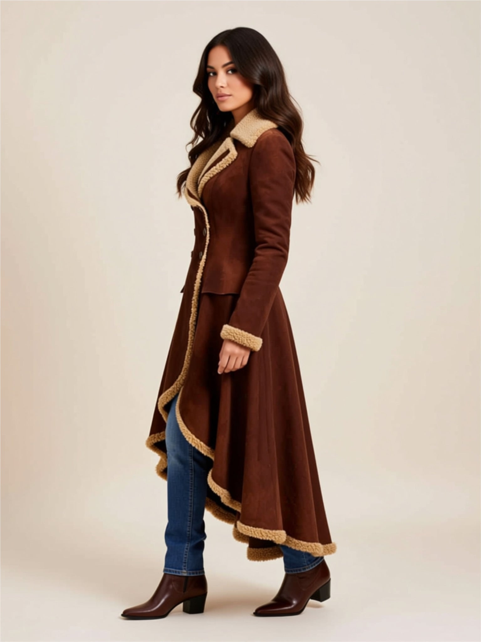 Longline Sherpa‑Trim Buttoned Coat