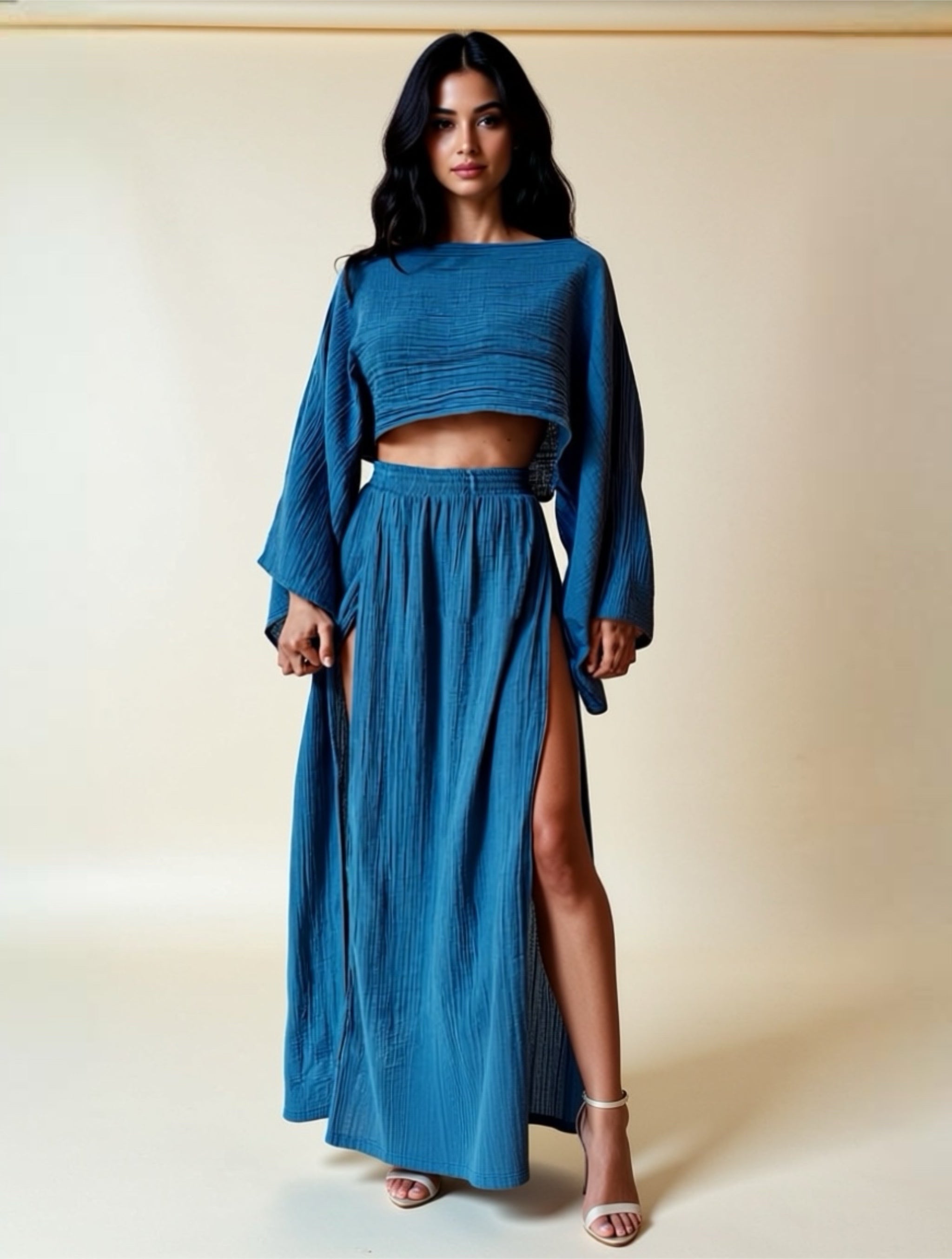 Cotton‑Linen Two‑Piece Double Slit Skirt Set