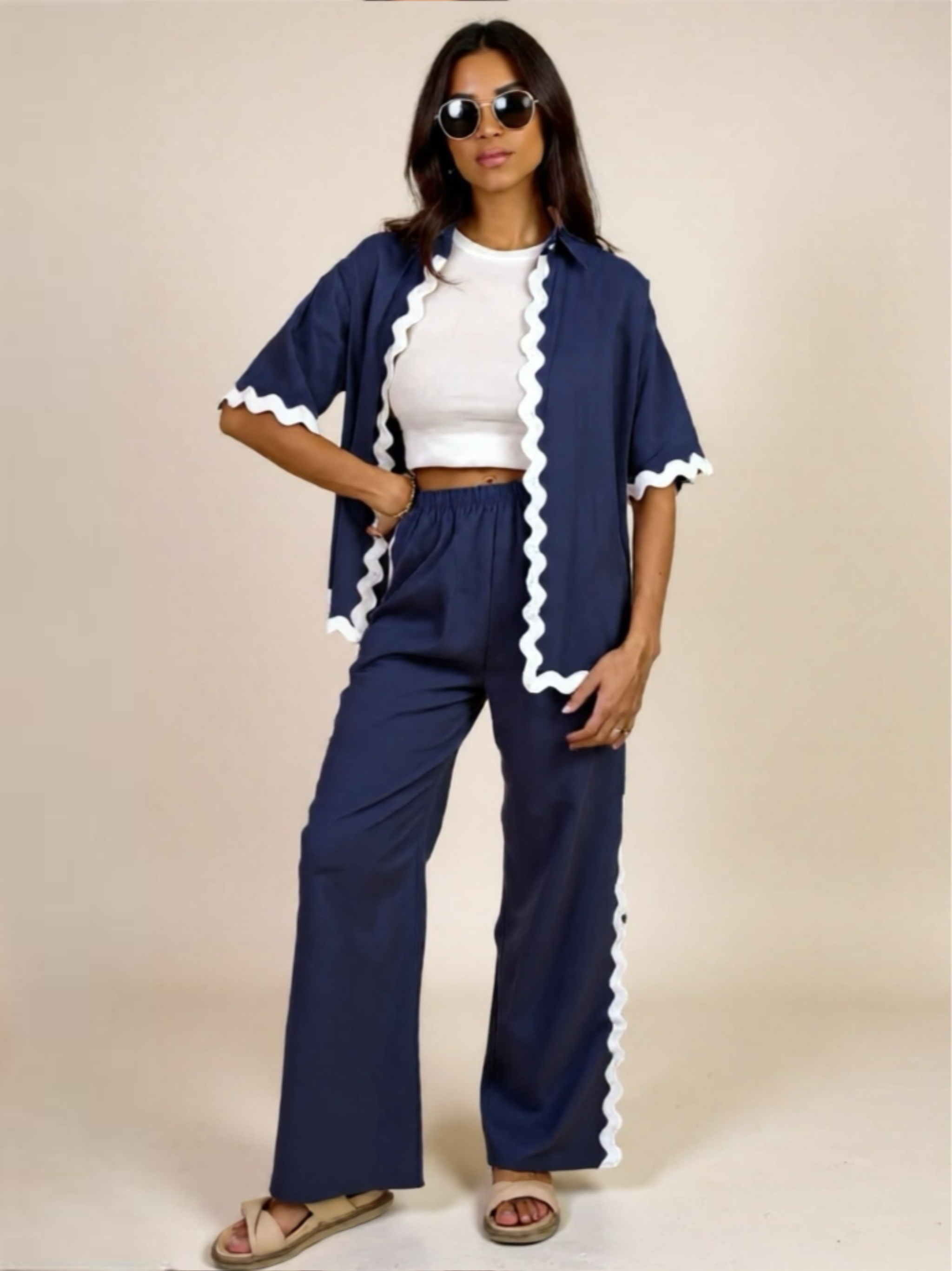 Contrast Trim Half Sleeve Top & Pants Set