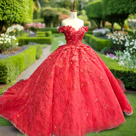 Red Floral Off The Shoulder Quinceanera Ball Gown