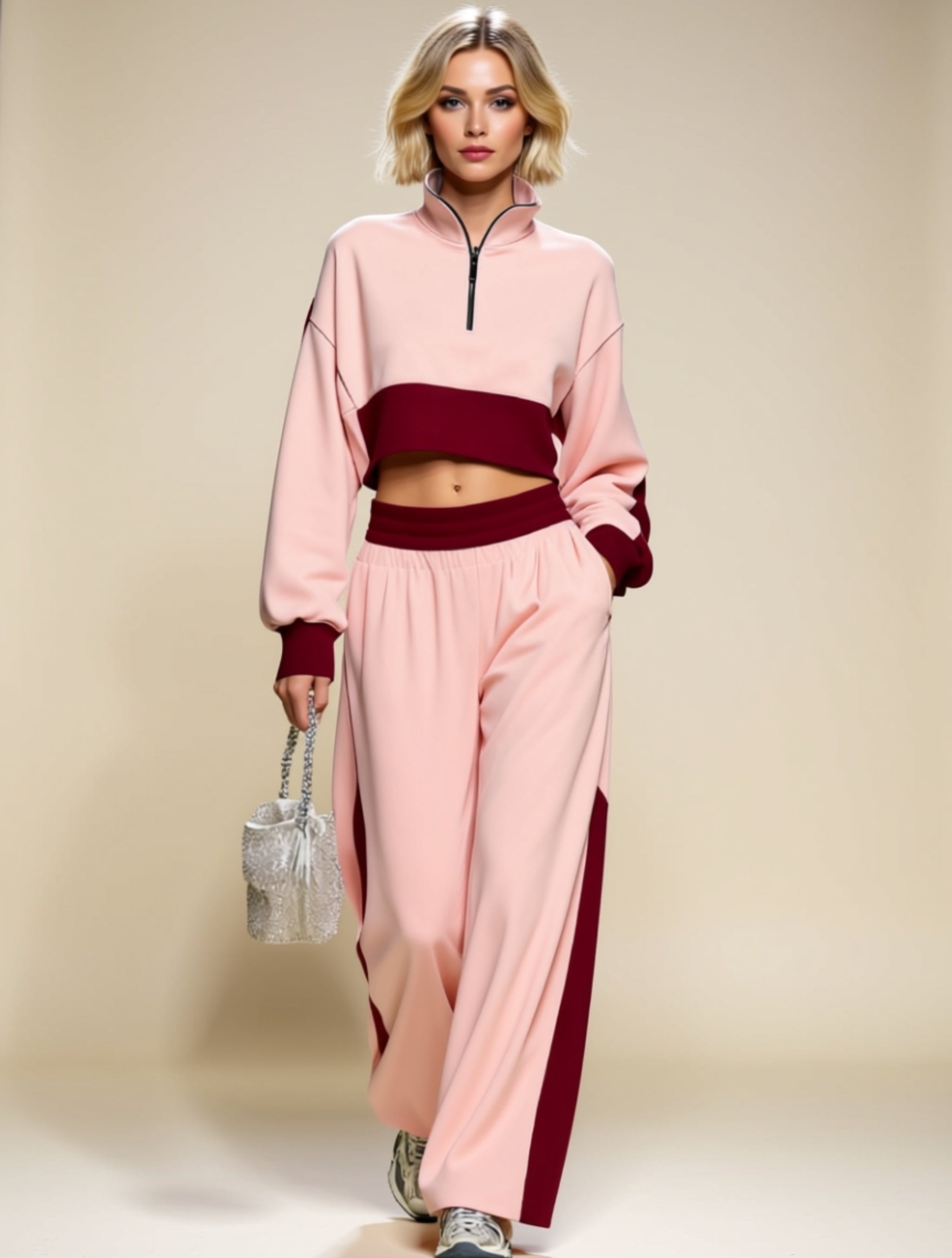 Colorblock Zip‑Up Crop Sweatshirt & Wide‑Leg Pant Set