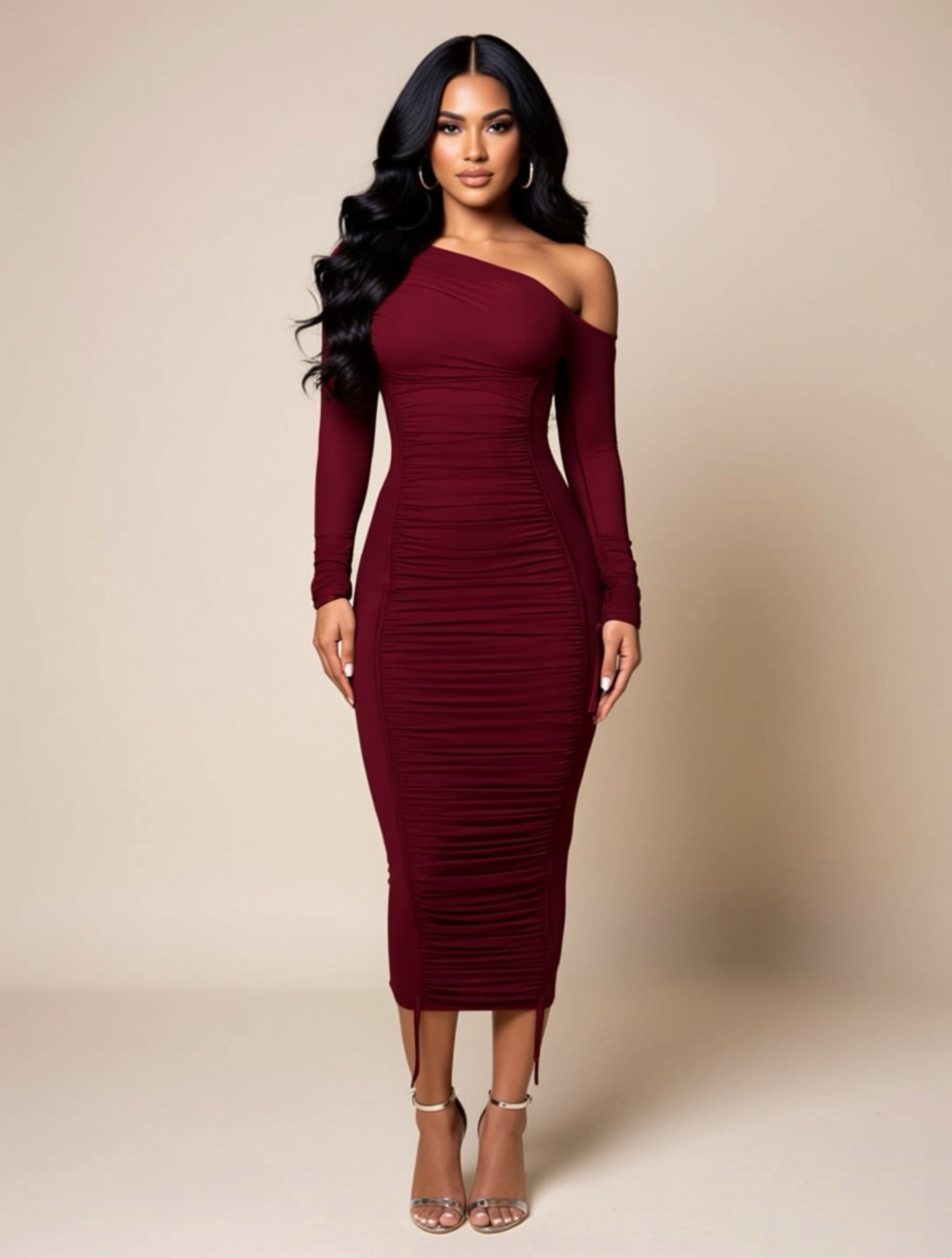 One‑Shoulder Ruched Mesh Bodycon Midi Dress