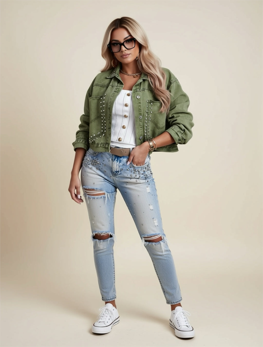 Studded Button-Up Utility Jacket with Pockets