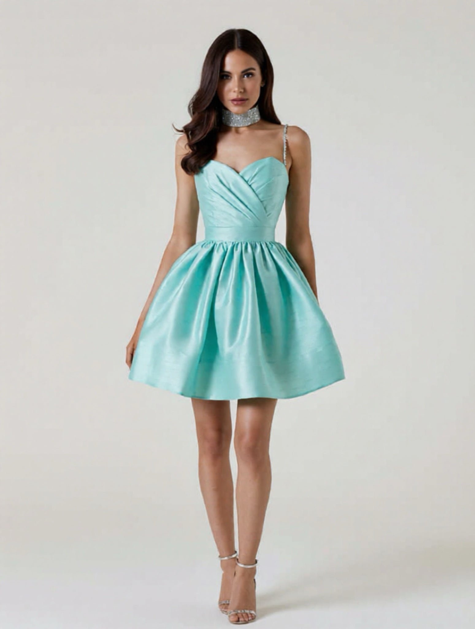 Pleated Satin Mini Dress with Rhinestone Straps