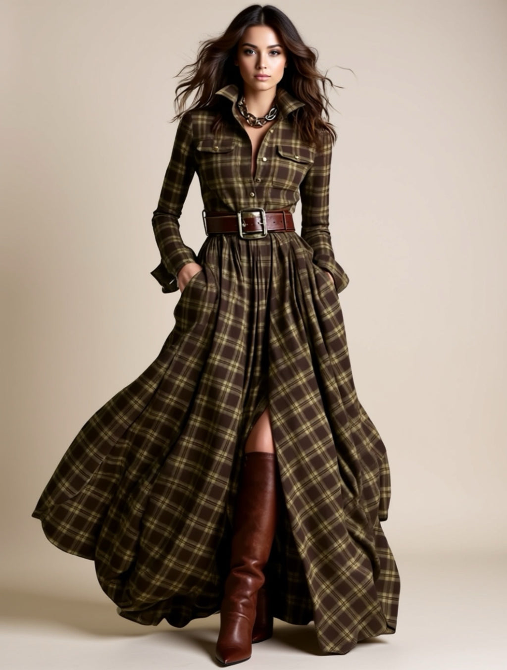 Long Sleeve Button‑Down Maxi Shirt Dress with Pockets