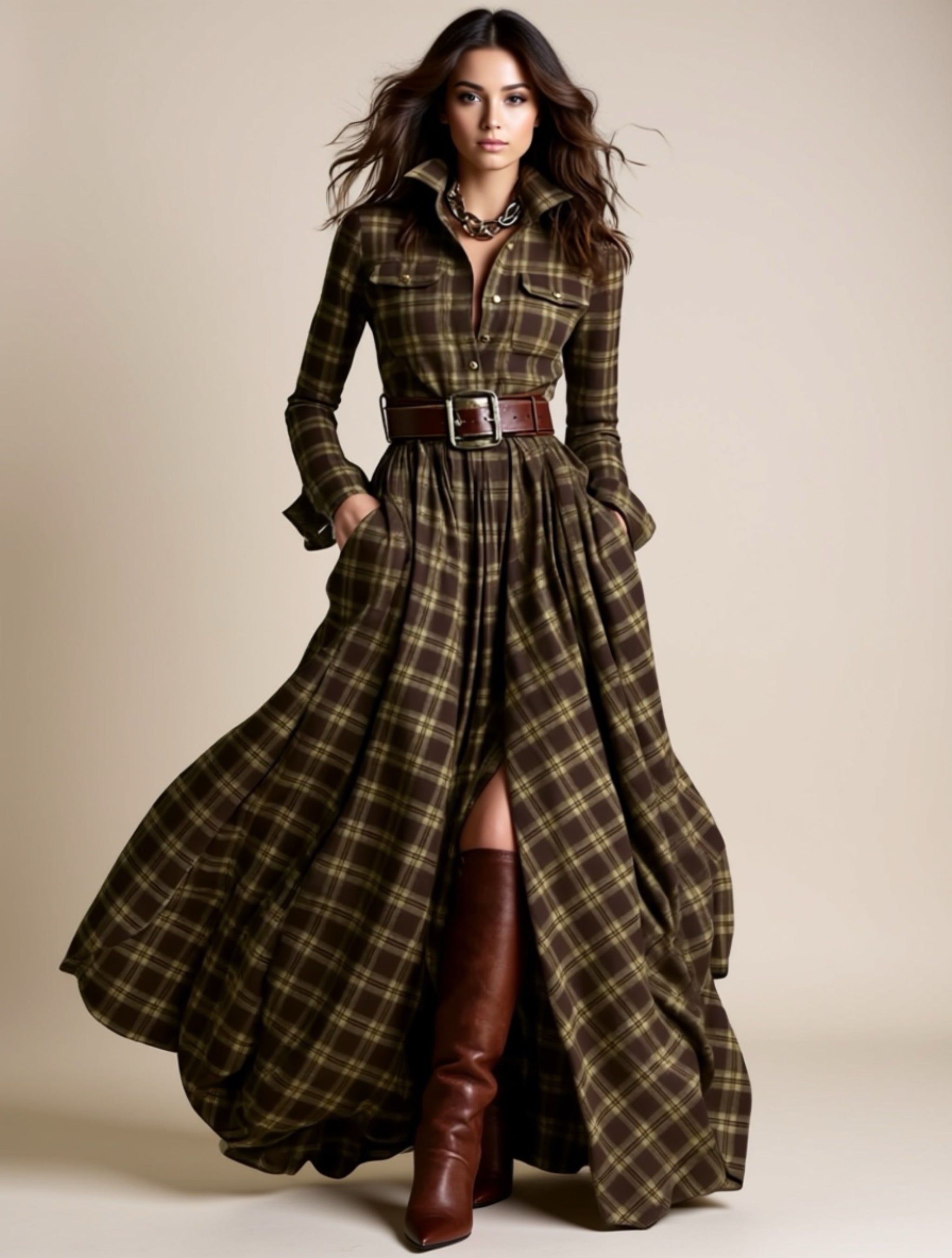 Long Sleeve Button‑Down Maxi Shirt Dress with Pockets