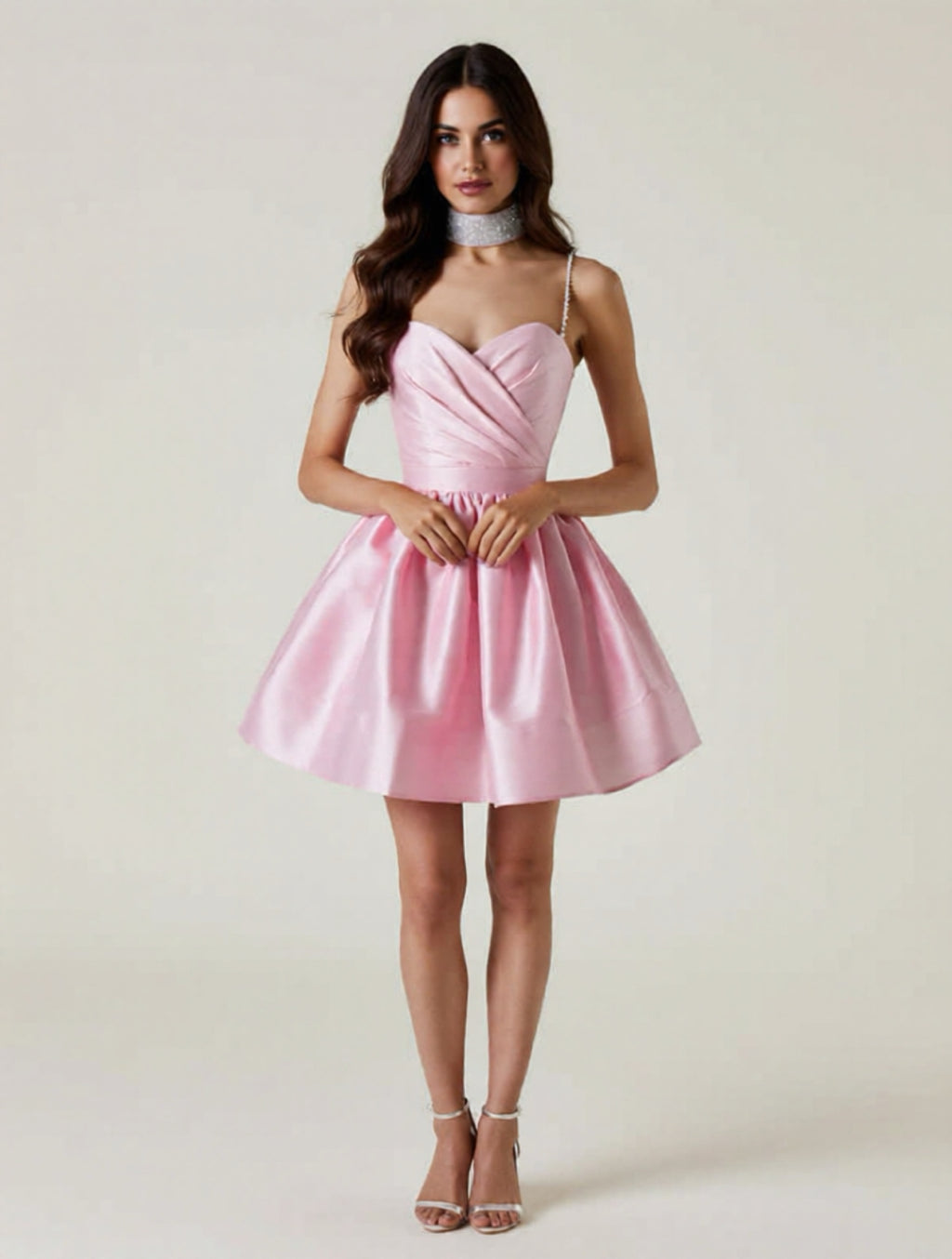 Pleated Satin Mini Dress with Rhinestone Straps