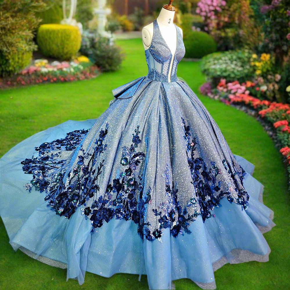 Blue Floral Quinceanera Ball Gown