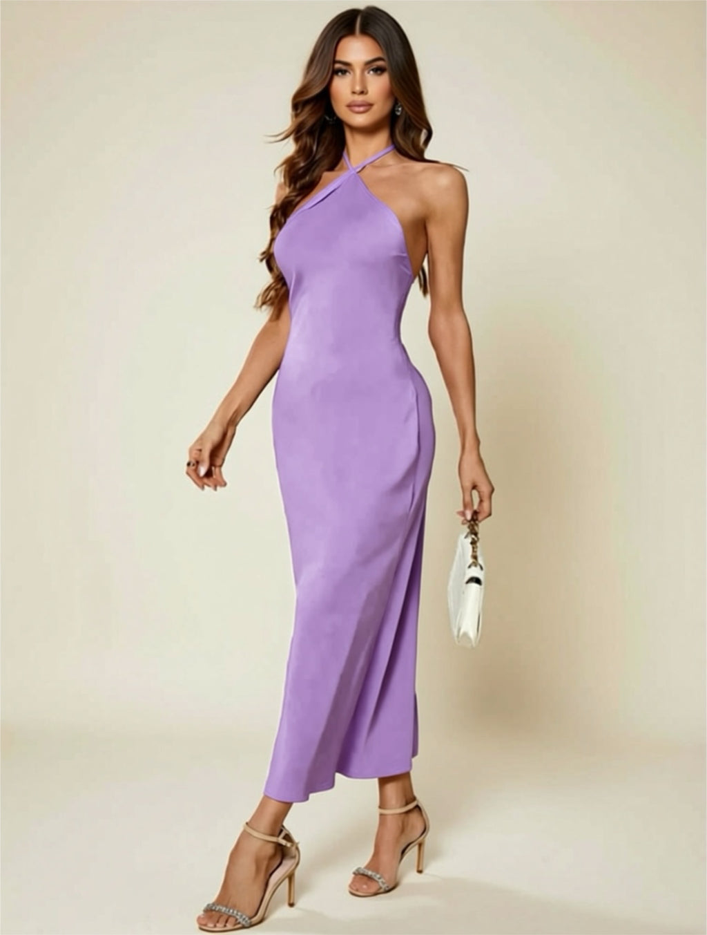 Backless Satin Halter Neck Midi Dress