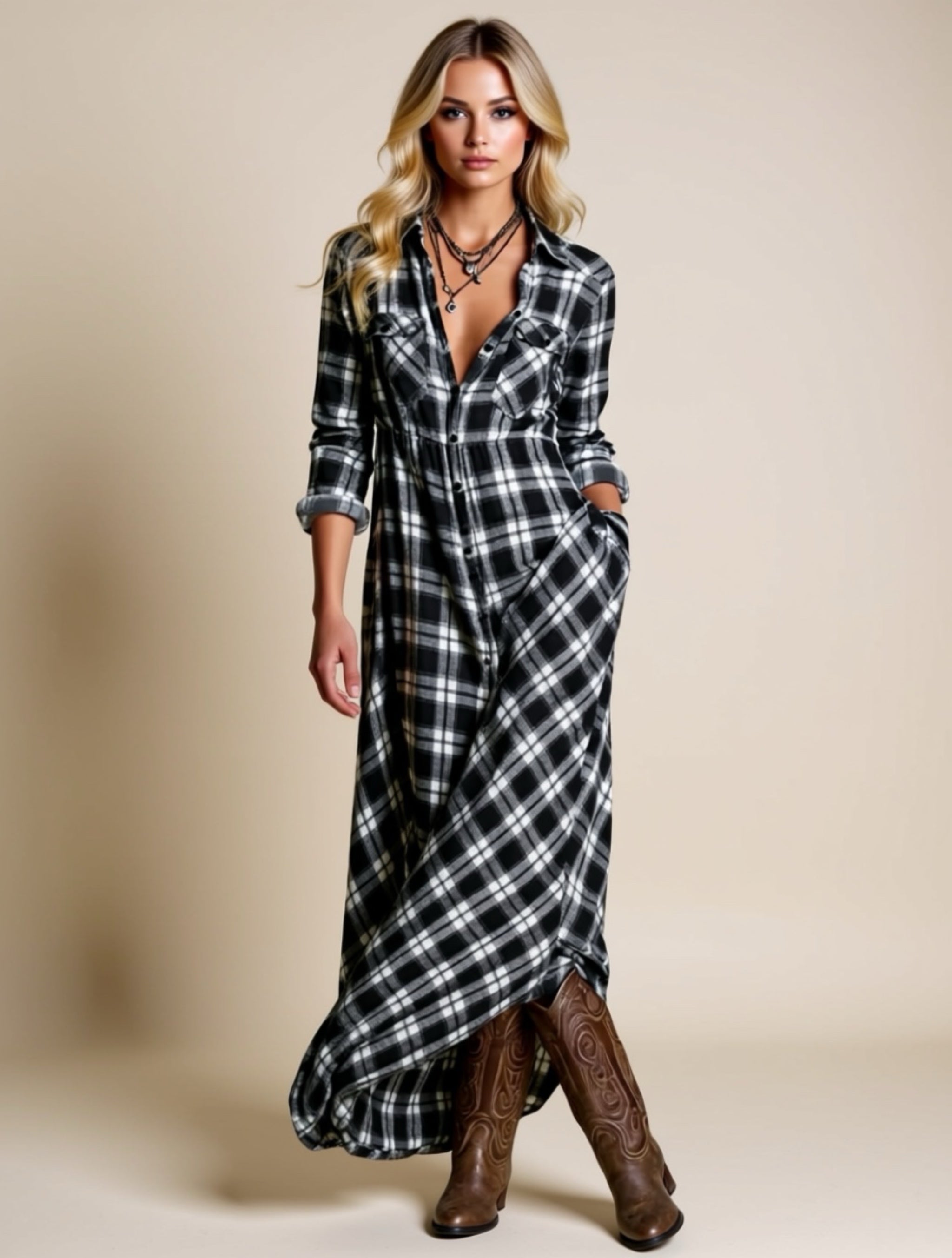 Plaid Button‑Down Maxi Shirt Dress