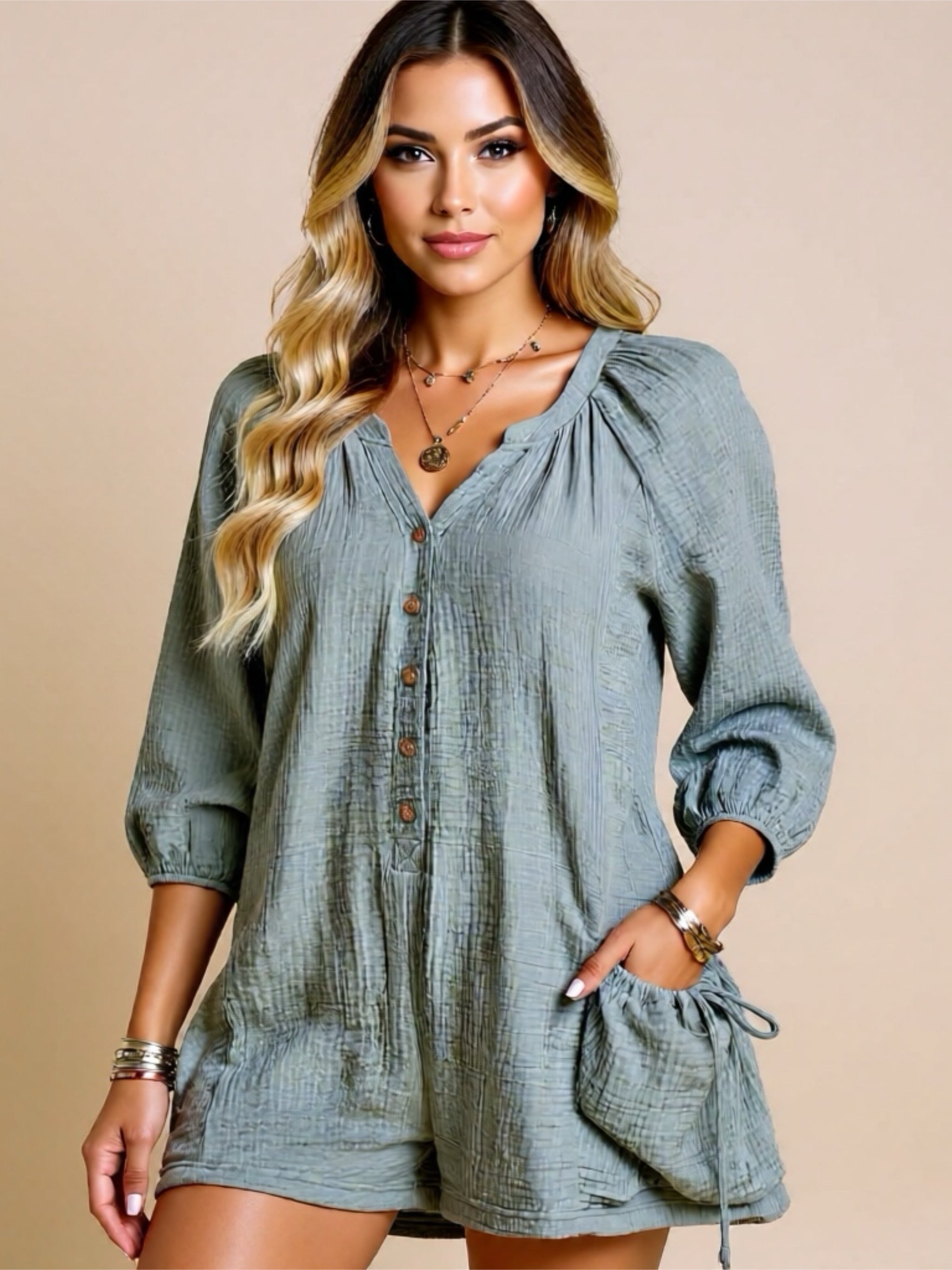 Linen Half Button Romper