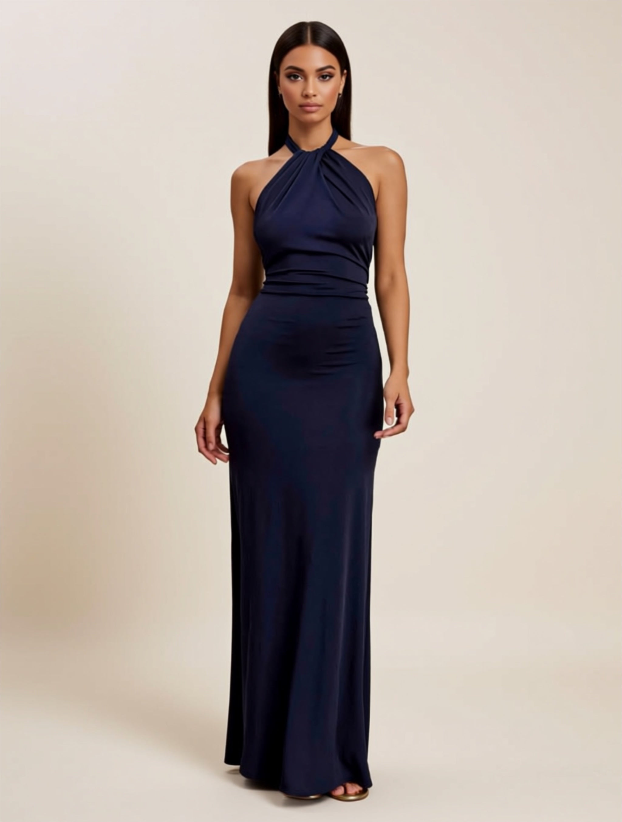 Elegant Halter Neck Long A‑Line Dress with