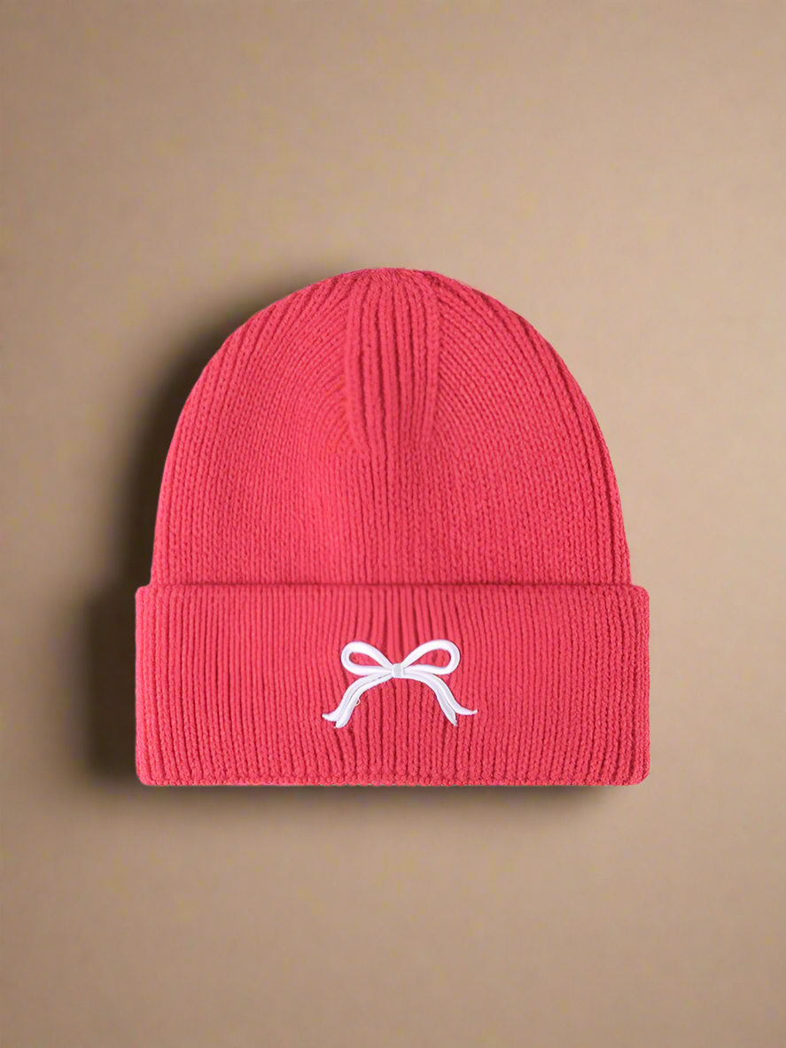 Embroidered Bow Knit Beanie