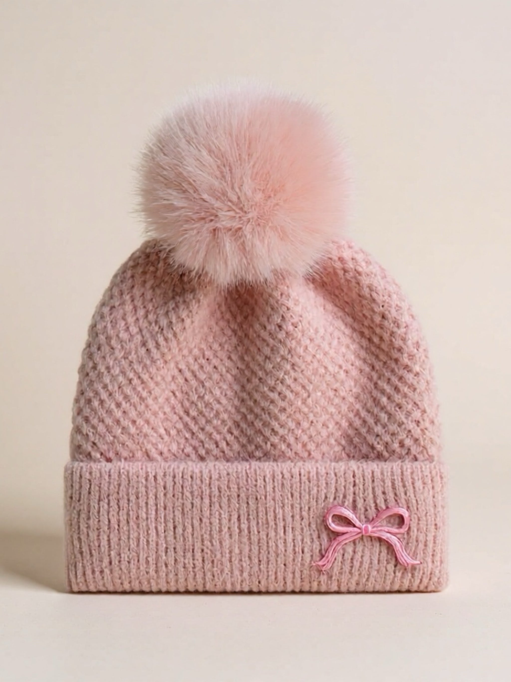 Thermal Bow Knit Beanie with Pompom