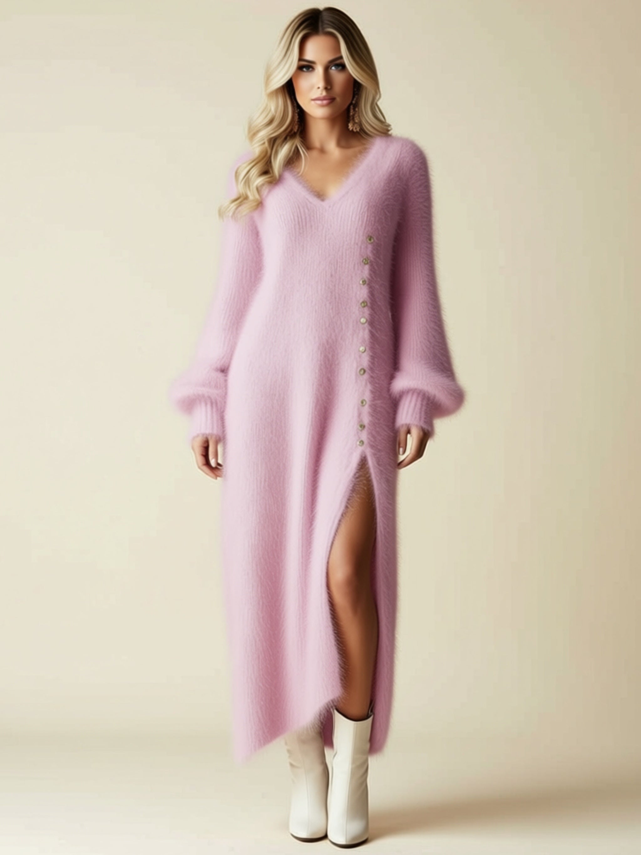 Cozy Long Sleeve Faux Fur Maxi Sweater Dress