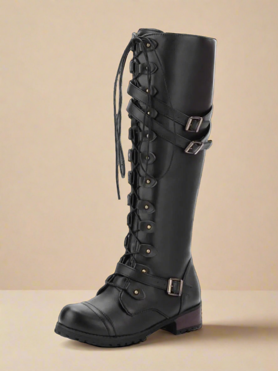 Lace-Up Boots with Buckle Straps