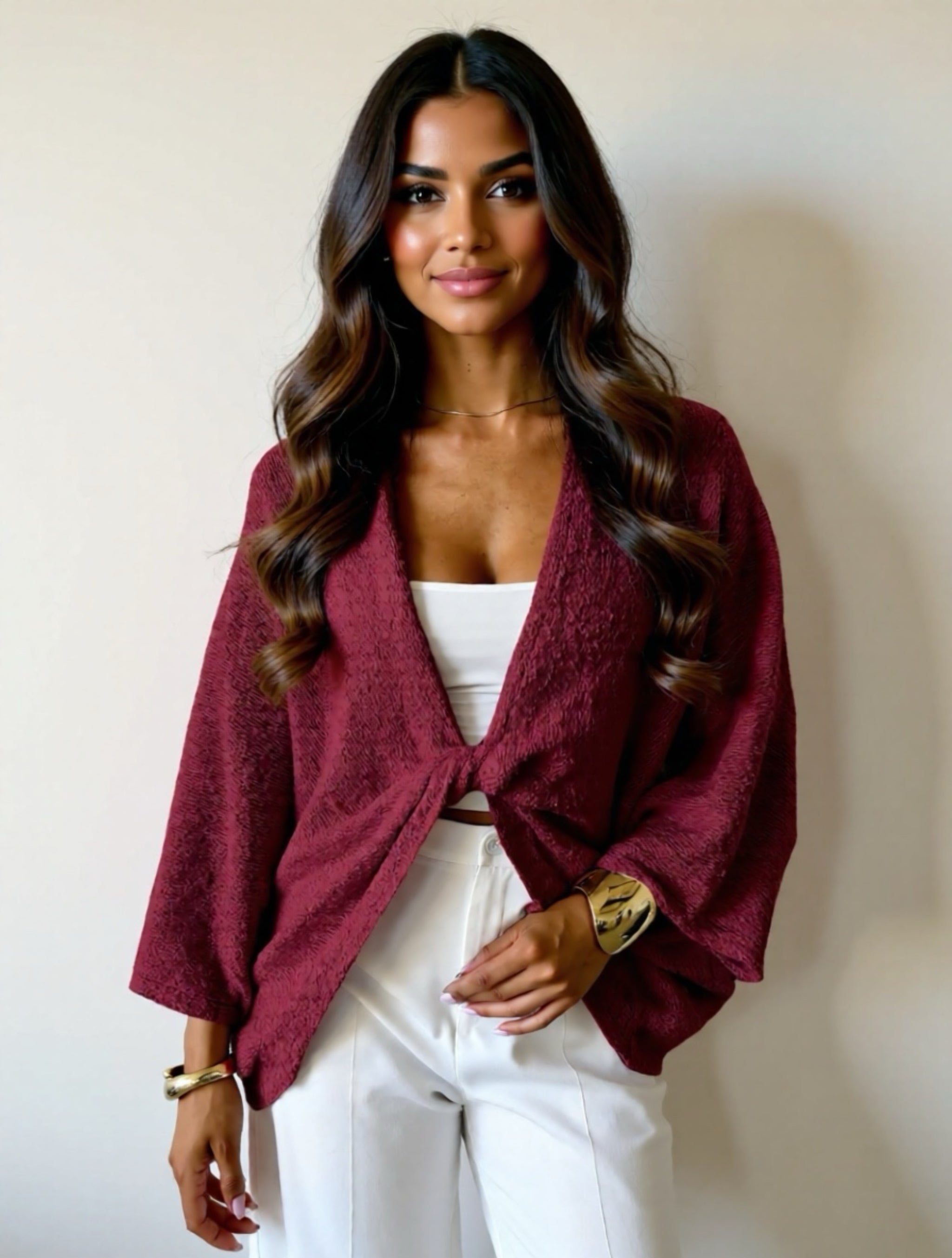Twist-Front Textured Knit Cardigan