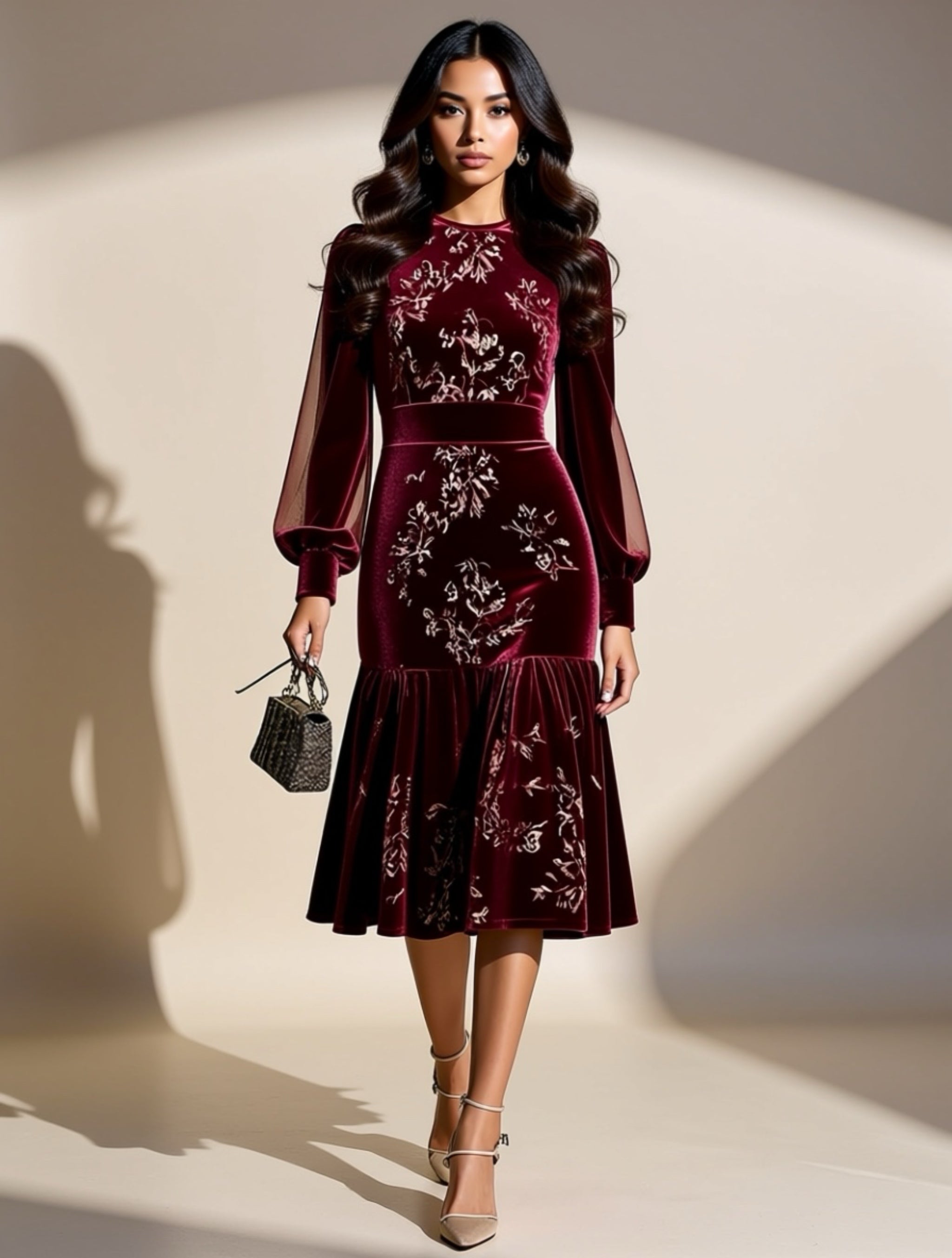 Ruched Velvet Midi Dress with Sheer Sleeves