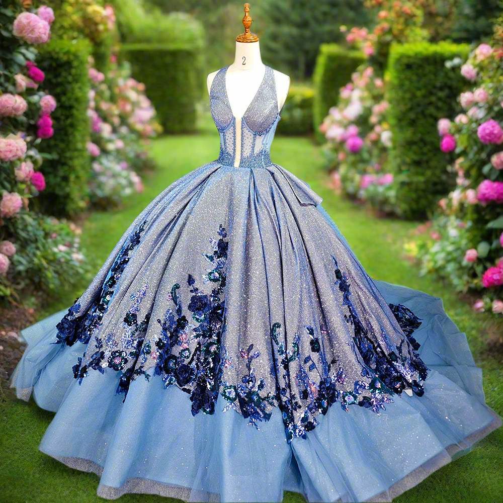Blue Floral Quinceanera Ball Gown