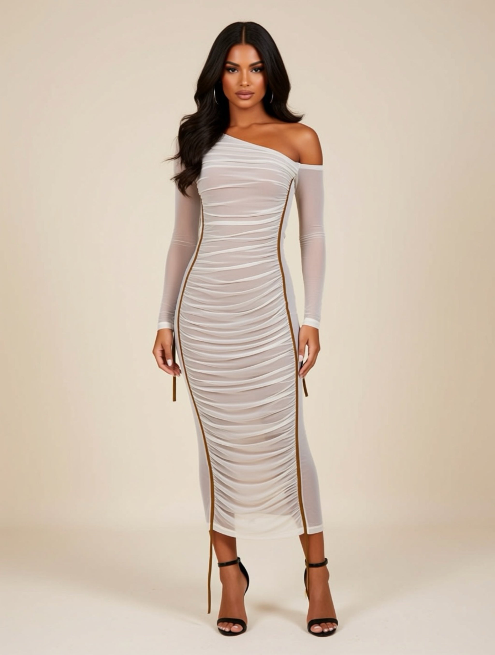 One‑Shoulder Ruched Mesh Bodycon Midi Dress