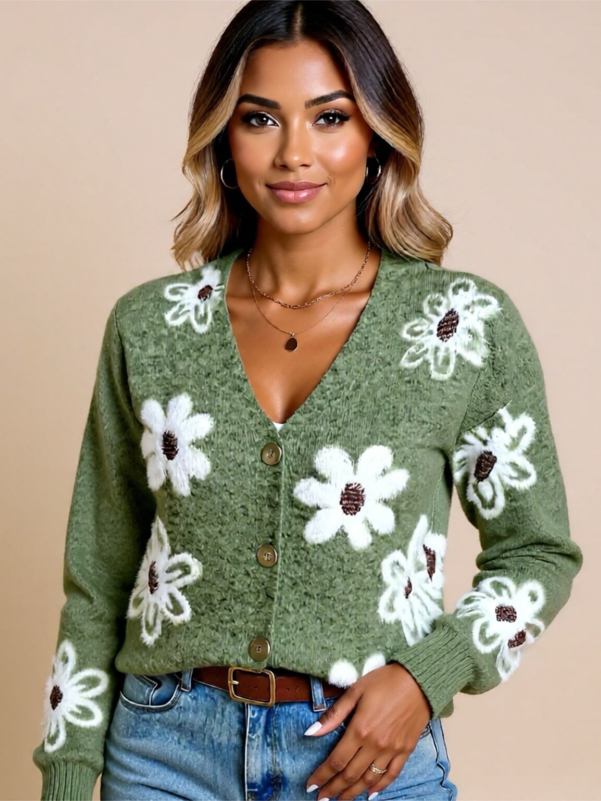 Floral Knit Button Up Cardigan