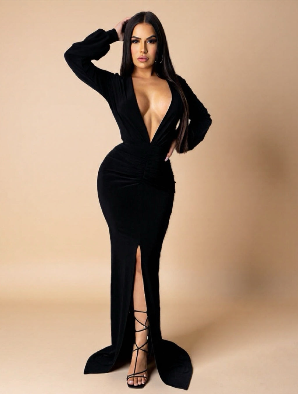 Elegant Deep V‑Neck Long Sleeve Maxi Dress