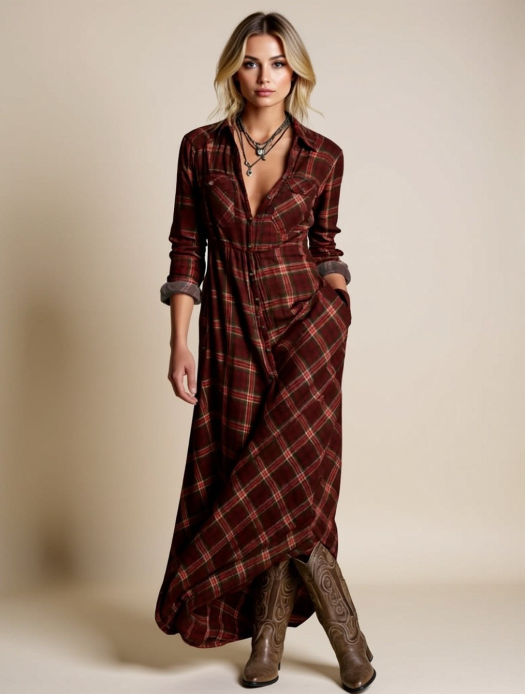Plaid Button‑Down Maxi Shirt Dress