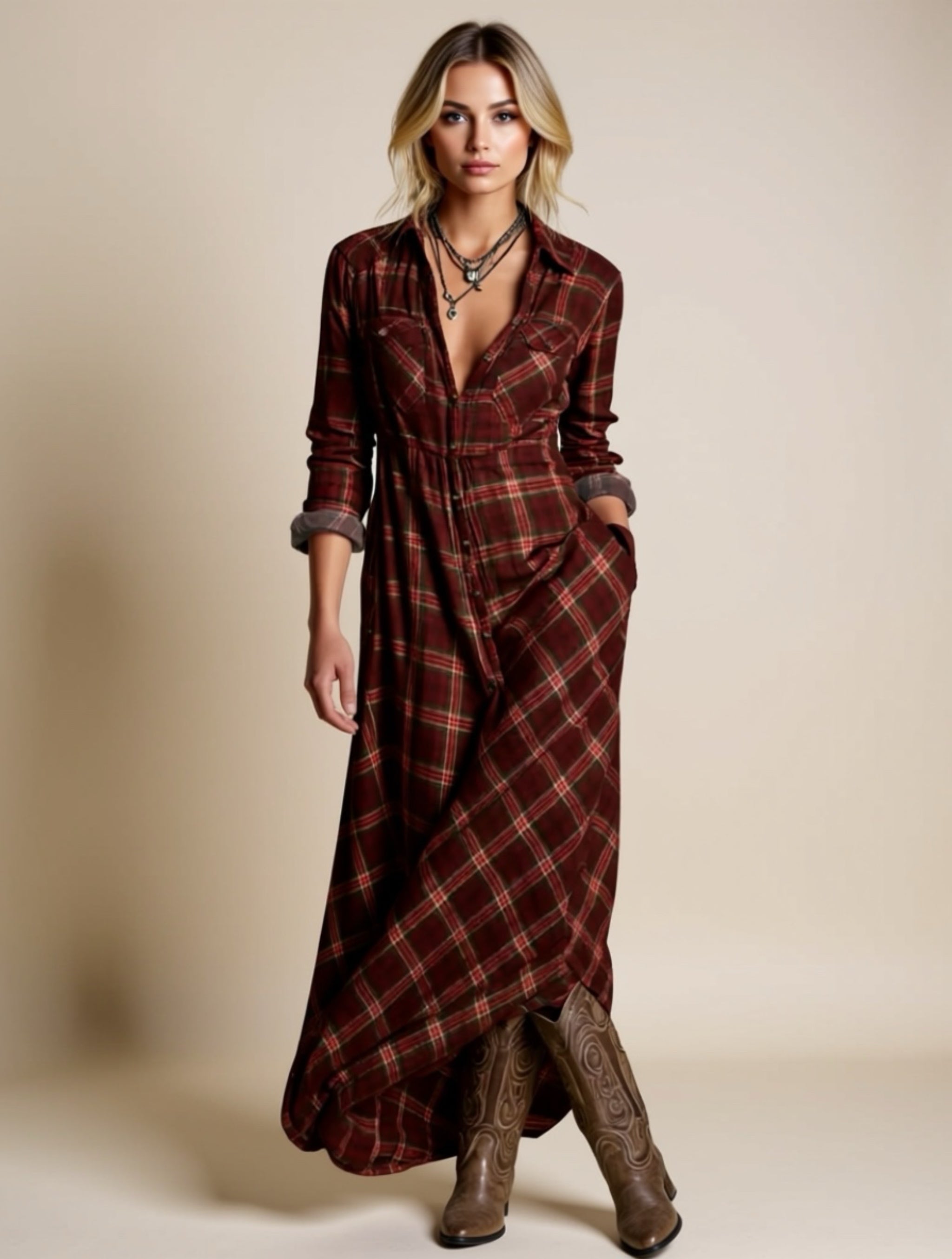 Plaid Button‑Down Maxi Shirt Dress