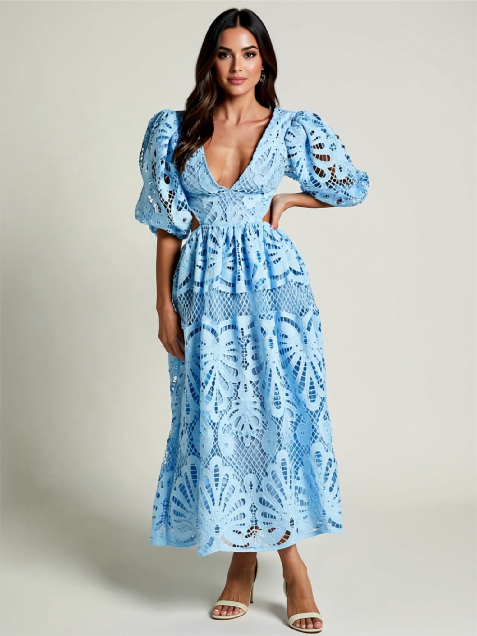 Lace Cutout Puff Sleeve Midi Dress