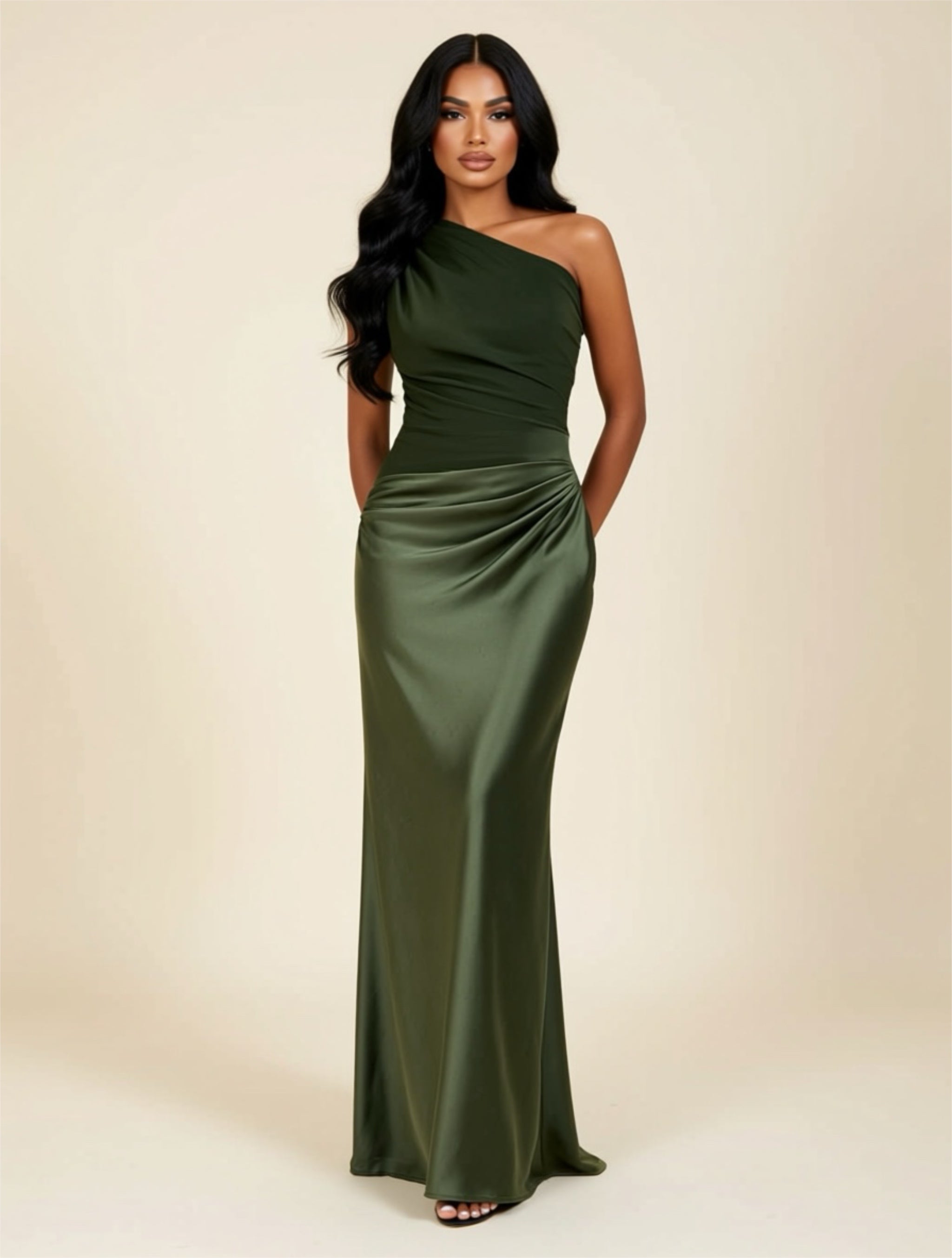 One‑Shoulder Satin Maxi Evening Gown