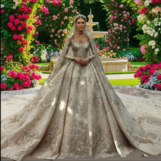Long Sleeve Beaded Ball Gown Wedding Dress