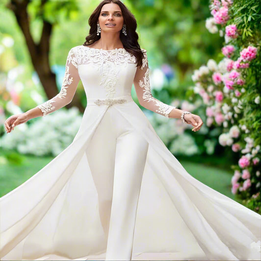 White Wedding Jumpsuit With Overskirt