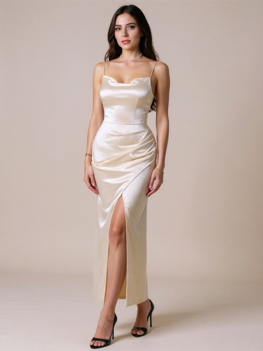 Satin Ruched Maxi Dress with Slit