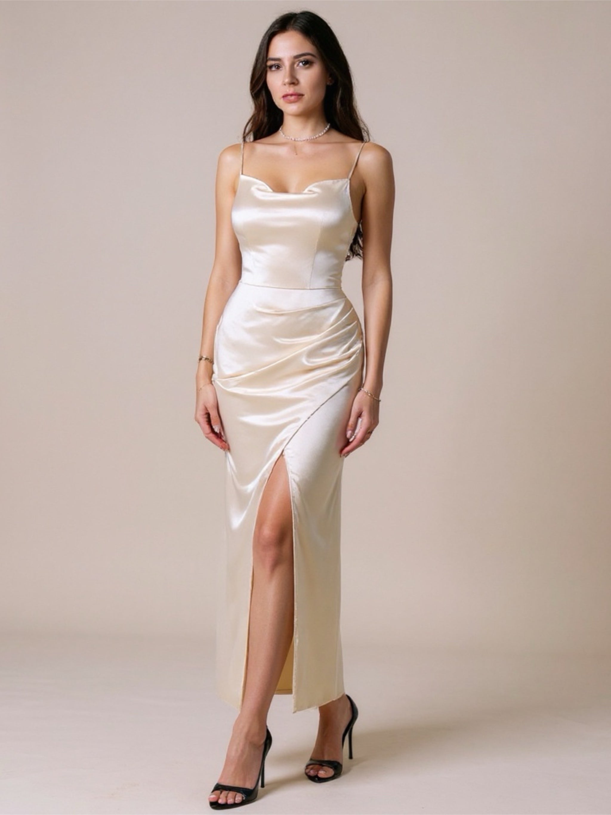 Satin Ruched Maxi Dress with Slit