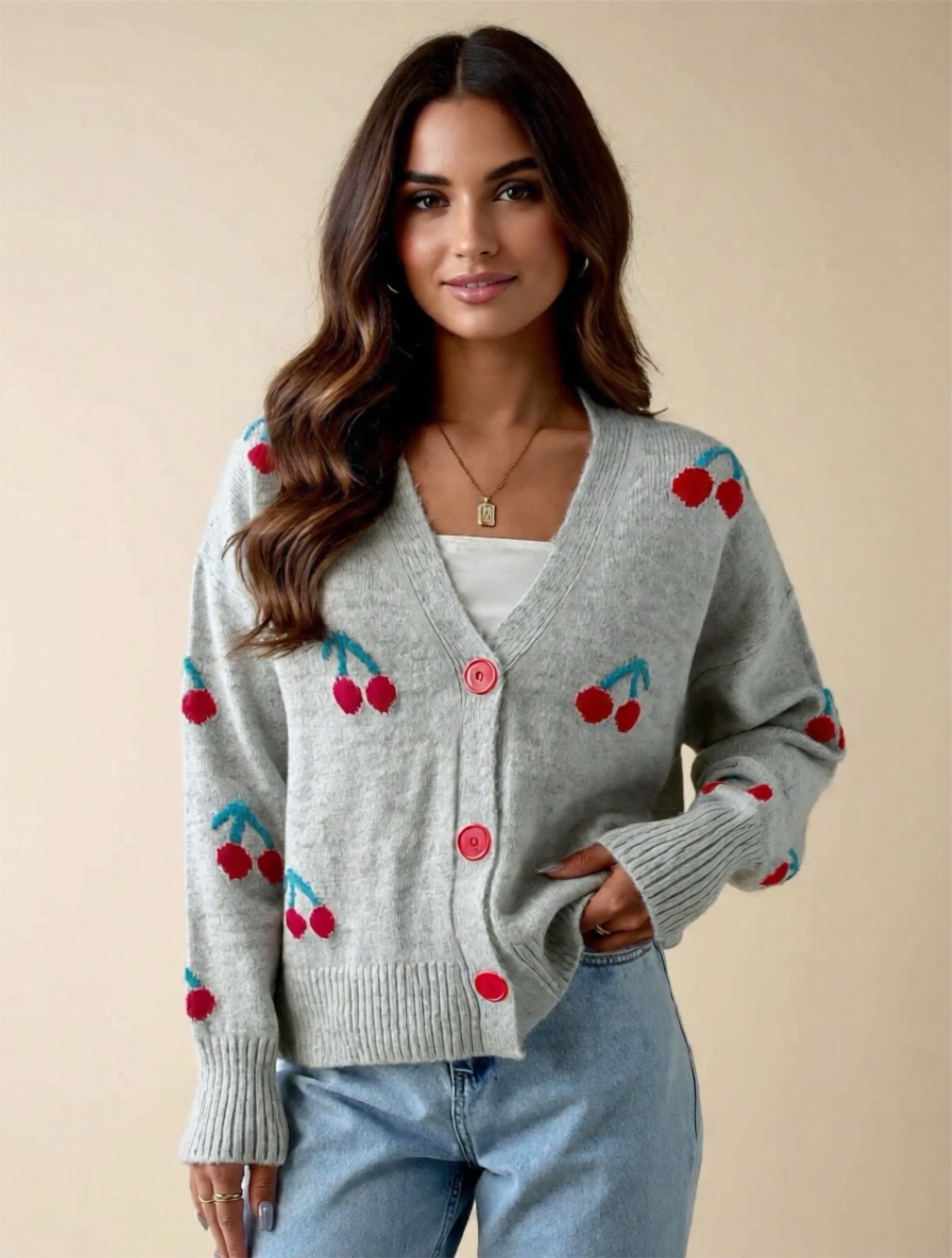 Cherry Button-Up Knit Cardigan