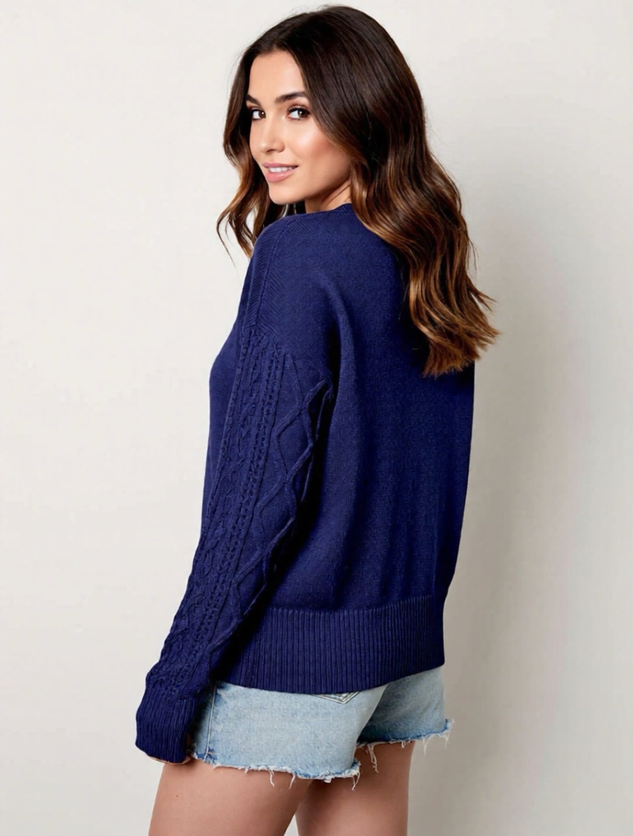 Navy Blue Knit Long Sleeve Sweater