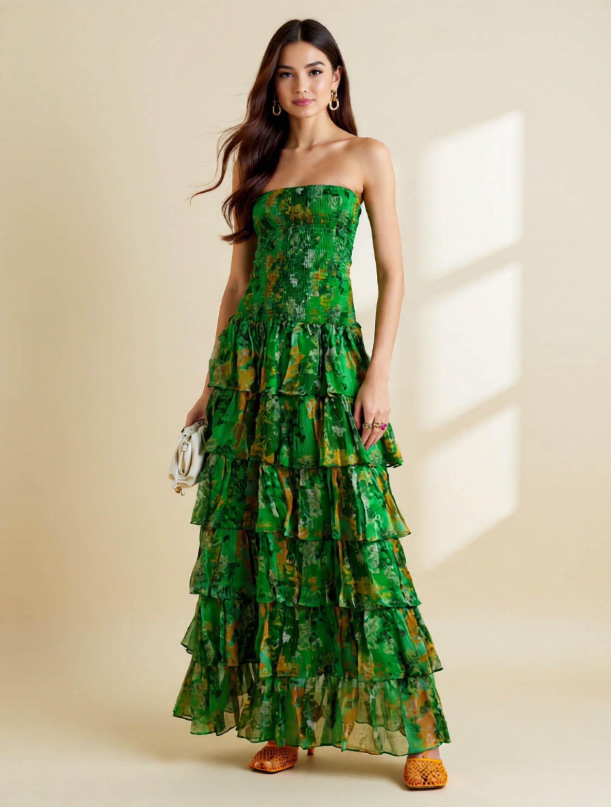 Green Strapless Tiered Maxi Dress
