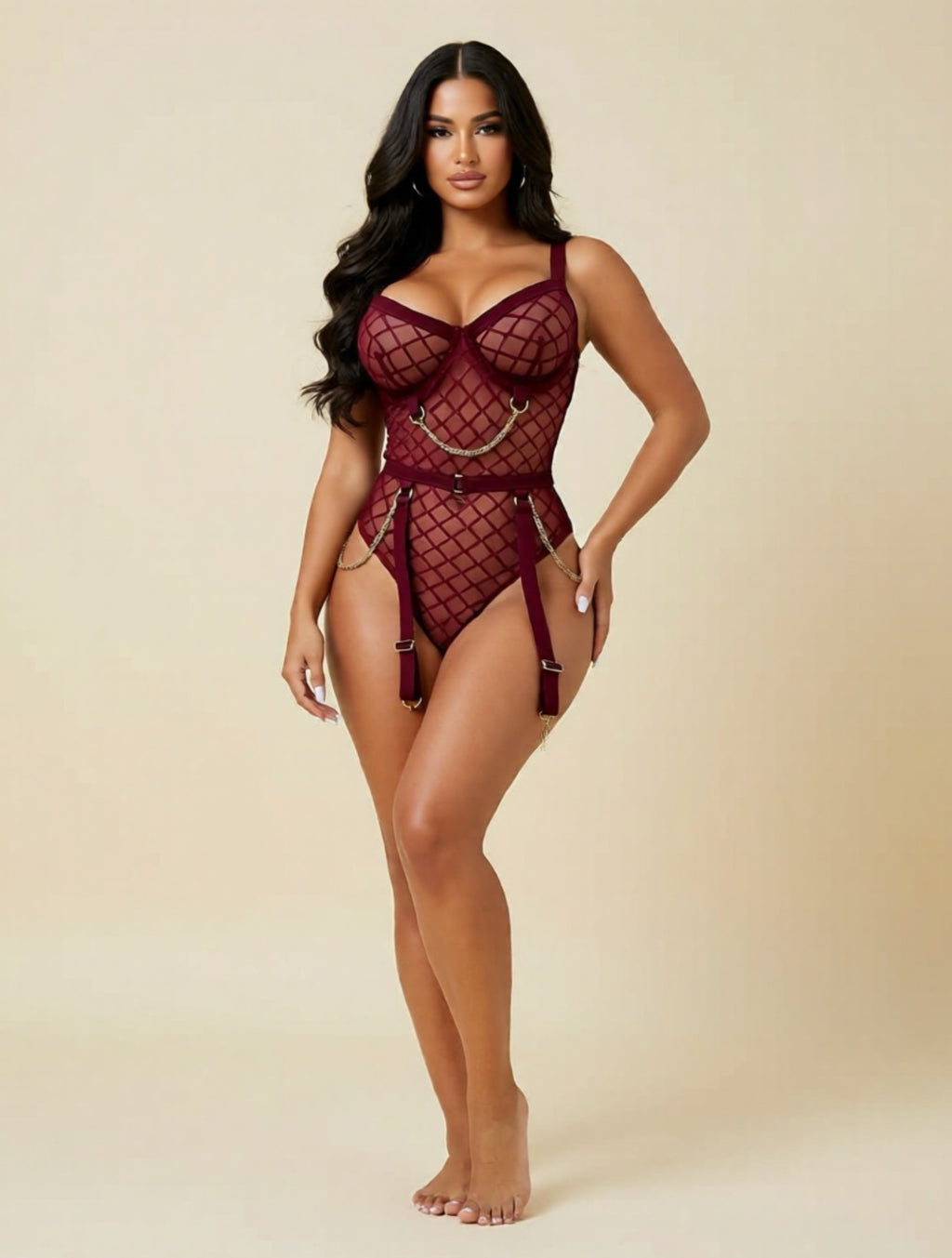Sexy Backless Mesh Jumpsuit Lingerie – Hollow Design with Gold Chain Detailing