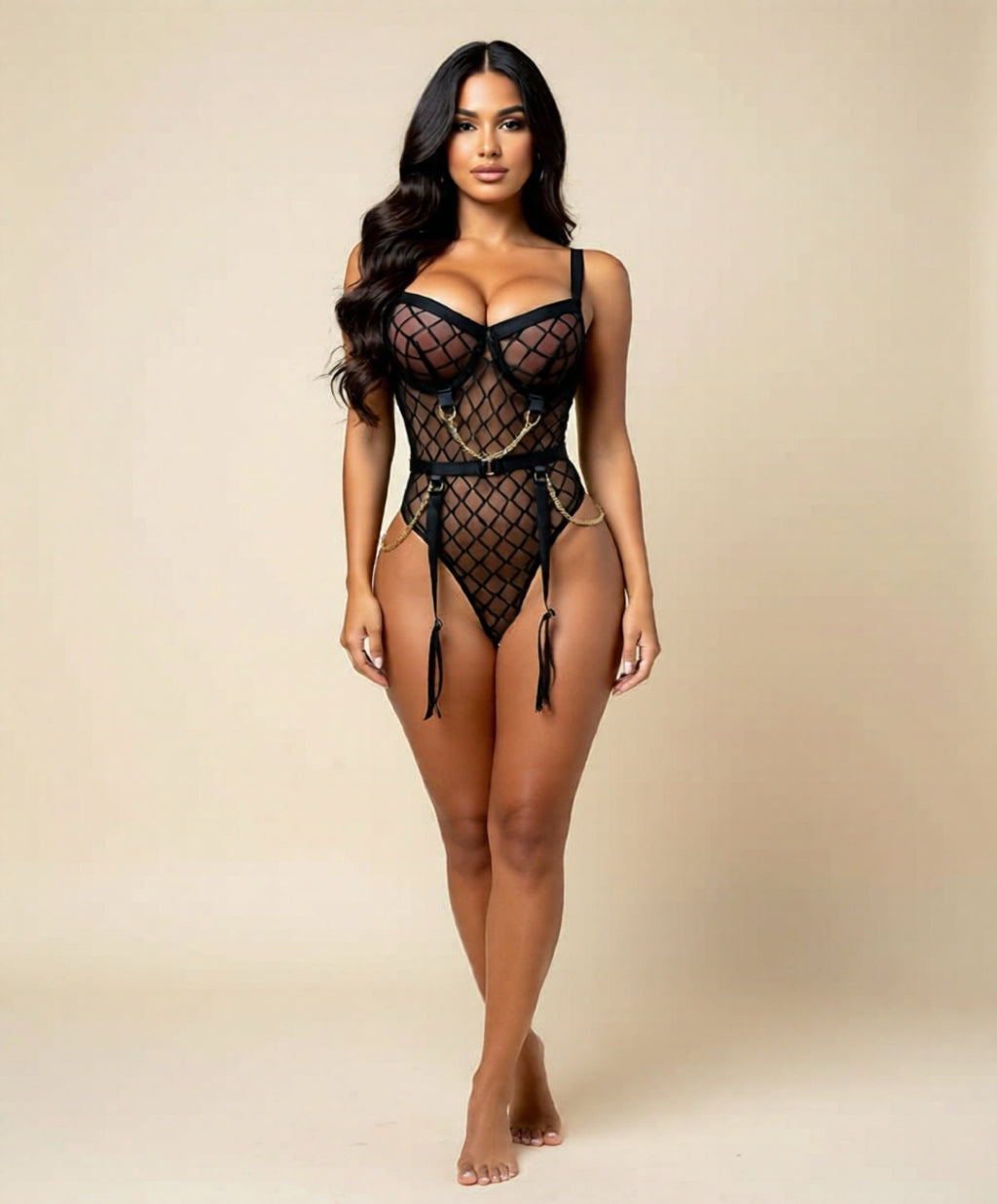 Sexy Backless Mesh Jumpsuit Lingerie – Hollow Design with Gold Chain Detailing