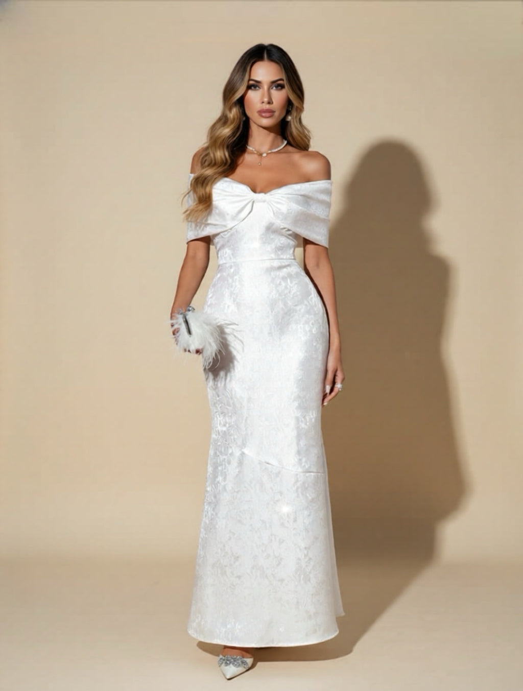 Elegant Off-Shoulder White Woven Maxi Dress