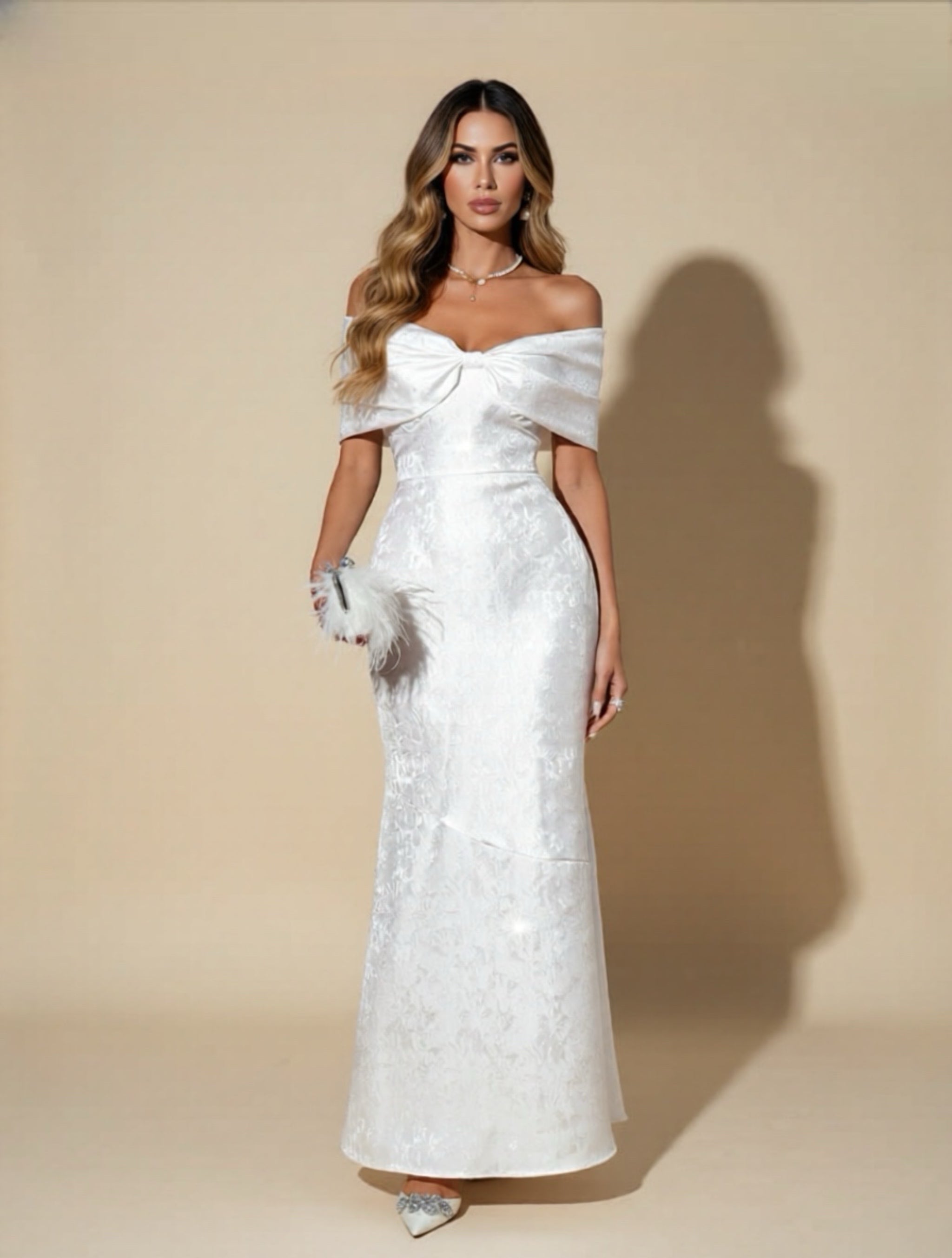 Elegant Off-Shoulder White Woven Maxi Dress