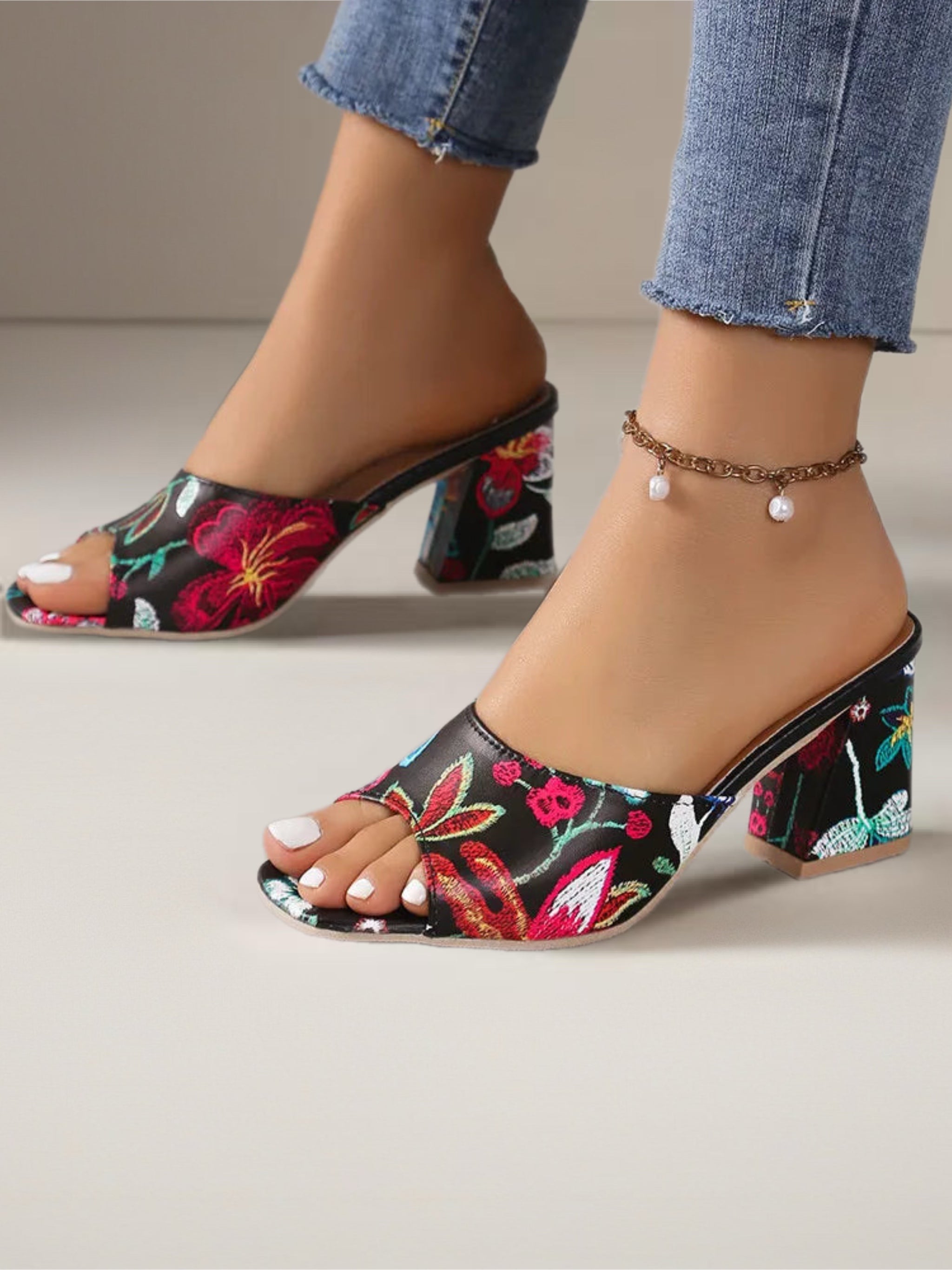 Floral Block Heels Sandals