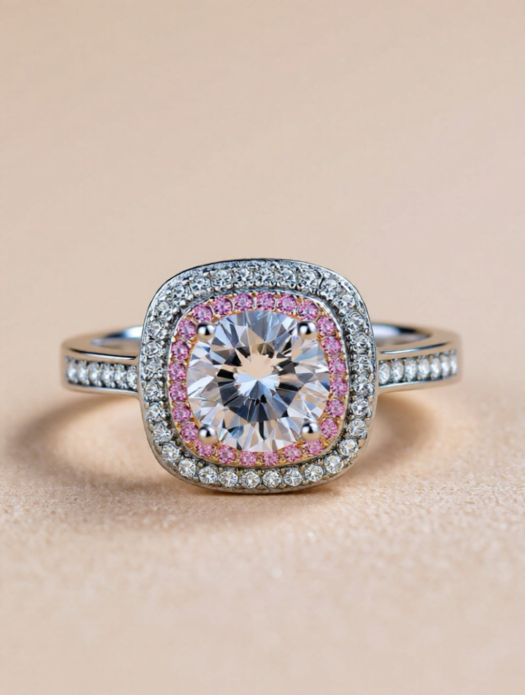 925 Sterling Silver Moissanite Ring with Pink Accent