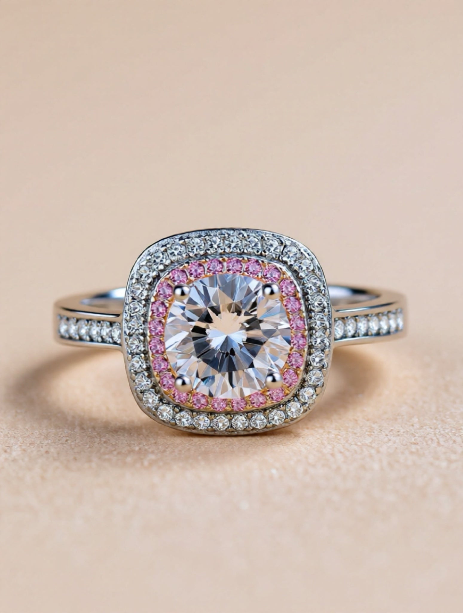 925 Sterling Silver Moissanite Ring with Pink Accent